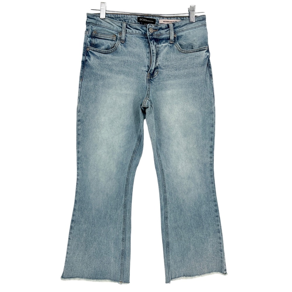 BCBGeneration Kick Flare Crop Jeans Womens Size 11/30 Blue Polar Sky Raw Hem